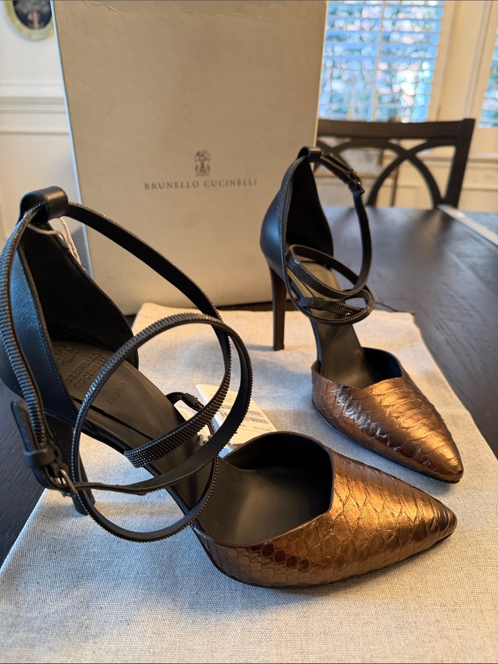 Brunello Cucinelli Bronze and Brown Pointed-Toe Ankle-Strap Pumps